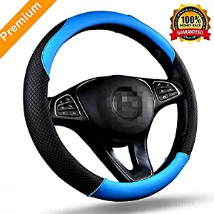 Premium Steering Wheel Cover- Perfect Grip Wheel Protector Made of Microfiber Leather No Smell, Universal for All Car Jeep Truck Brands Standard Size 14.5' to 15.2' (Blue Black)