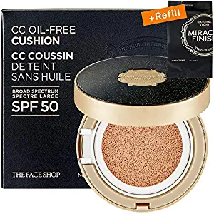 [THEFACESHOP] Miracle Finish CC Oil-Free Cushion SET (Cushion 15g + Refill 15g). Moist Cover, Fresh Fit, Broad Spectrum SPF 50, V201 (30G / 1.04 OZ)