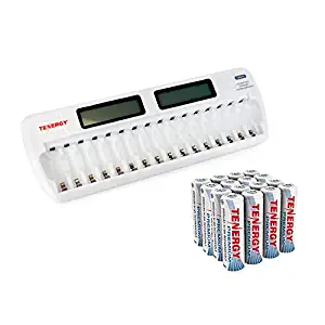 Tenergy TN438 16-Slot Smart Battery Charger for AA/AAA NiMH/NiCd LCD Display + 16 Premium Rechargeable AA Batteries