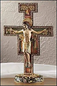 Large Standing San Damiano Marble Resin Cross Crucifix Religious Home Decor 11 Inch