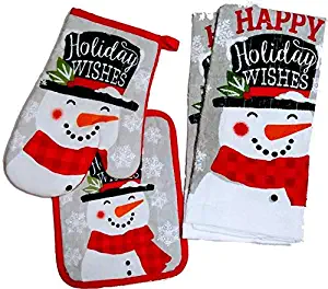Mainstream International Christmas Holiday 4 Piece Kitchen Gift Set - 2 Kitchen Towels 1 Oven Mitt 1 Pot Holder (Holiday Wishes Snowman)