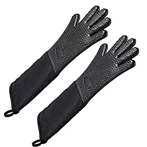 Extra Long Professional Silicone Oven Mitt， Heat Resistant Cooking Glove with Internal Cotton for Kitchen,BBQ,Baking,Grill - Black
