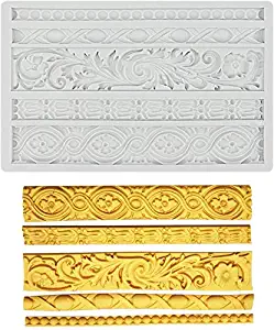DIY Scroll Relief Cake Border Silicone Mold/Vintage Curlicues Fondant Molds Flower Frame Edible Lace Mould Mat for Birthday Candy Chocolate Gum Paste Decorating Tool K