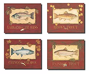 Classic Lakehouse Fishing Signs Trout Salmon Bass Prints; Four 10x8in Poster Prints
