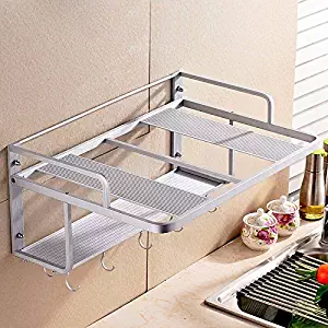 lzzfw Space Aluminum Double-Layer Microwave Oven Rack Wall-Mounted Kitchen Toaster Electric Oven Rack, Five Hooks