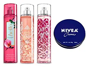 Bath and Body Works 3 Pack Fine Fragrance Mist 8 Oz. Hello Beautiful, Pretty as a Peach and Sweet Pea. Travel Size Creme 1 Oz.