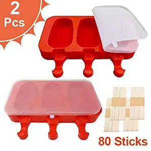 Silicone Popsicle Molds BPA-Free, Ice Pop Molds with Lids Packs of 2x3 Cavities for Kids, Cake/Ice Cream/Popsicle Maker Easy Release, with 80 Popsicle Sticks by MoHern (Red)