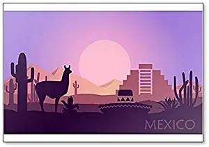 Landscape of Mexico with a Llama, Cactuses and Ancient Pyramid Illustration Fridge Magnet