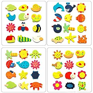 Anniston Kids Toys, 12 Pcs Cute Cartoon Pattern Wood Fridge Magnet Stickers Kids Educational Toy Learning Education for Baby Children Toddlers Boys & Girls