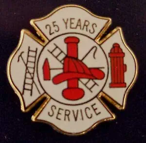 25 Years Service Fire Dept Maltese Cross Uniform/Lapel Pin Scramble/Hook/Ladder