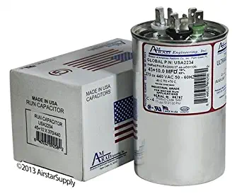 American Standard • 45 + 10 uf / Mfd Replacement Round Dual Universal Capacitor • AmRad USA2234 - used for 370 or 440 VAC , Made in the U.S.A.