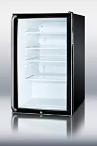 Summit SCR500BLBISH: 20" wide glass door all-refrigerator for built-in use, auto defrost with a lock, long towel bar handle and black cabinet