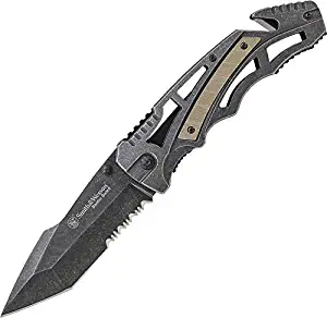 Smith & Wesson Border Guard SWBG8TS 10in S.S. Folding Knife with 4.3in Serrated Tanto Blade and Stainless Steel Handle for Outdoor, Tactical, Survival and EDC