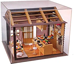 Cool Beans Boutique Miniature DIY Dollhouse Kit Wooden Japanese Sushi Shop with Dust Cover - Architecture Model kit (English Manual)