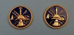 Fire Scramble Gold & Blue 2 Discs Collar/Lapel Pins 1" Hook/Ladder/Helmet/Axe