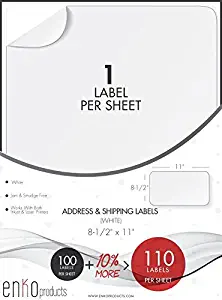 enKo - 8-1/2 x 11 Inch Label - White Blank - 1 Per Sheet Full Shipping Address Labels for Laser Inkjet Printer (110 Sheets, 110 Labels)