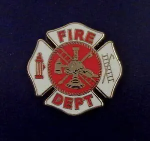 Fire Dept Maltese Cross/Scramble White 1" Lapel Pin Hydrant/Hook & Ladder