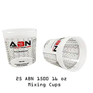 ABN Clear Plastic Mixing Cup 25-Pack 16oz Ounce / 473mL Milliliter Container with Ratios for Paint, Activators, Thinner