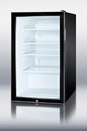 Summit SCR500BLBITB: 20" wide glass door all-refrigerator for built-in use, auto defrost with a lock, towel bar handle and black cabinet