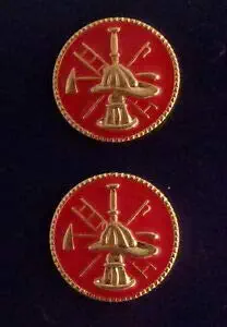 2 Fire Scramble Gold & RED Discs Collar/Lapel Pins 1" Hook/Ladder/Helmet/Axe