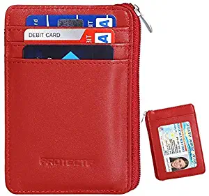 RFID Blocking Sleeves Front Pocket Leather Wallet for Women, RFID Safe Sleeve Mini Card Holder with Zipper and ID Window, Genuine Leather Durable Slim Convenient Wallets, Stopping RFID Scans