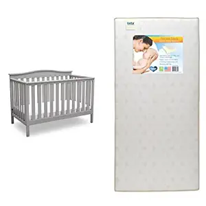 Delta Children Independence 4-in-1 Convertible Crib, Grey with Twinkle Stars Crib & Toddler Mattress