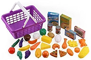 Click n' Play 33 Pc. Kids Pretend Play Grocery Shopping Play Toy Food Set, Fruit and Vegetable with Shopping Basket