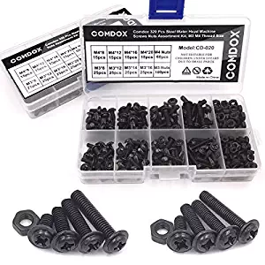 Comdox 320-Pack Phillips Cross Washer-Head Machine Screws Nuts Assortment Kit, Carbon Steel, M3 M4 Thread Size, 8mm to 20mm Length, Fully Threaded, Black Oxide Finish