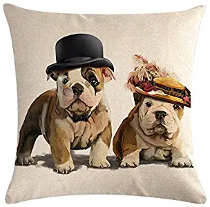 SLS Cute Pair of pet Dogs Bulldog Cotton Linen Decorative Throw Pillow Case Cushion Cover Pillow case 18" X18 Throw Pillow Cover