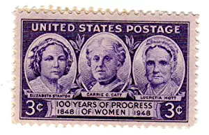 Postage Stamps United States. One Single 3 Cents Dark Violet, Elizabeth Stanton, Carrie C. Catt & Lucretia Mott, Progress of Women Issue Stamp, Dated 1948, Scott #959.