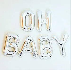 Oh Baby Balloons Baby Shower & Pregnancy Decorations - 16" Rose Gold, Silver, Gold Baby Balloon Letters with Blow Up Straw & 30 Feet of Hanging Ribbon – Reusable Set of 6 Letter Balloons (Silver)