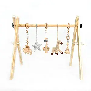 Wooden Play Gym for Baby Infant Activity Set Wild WEST Adventures Cowboy Natural Wooden Montessori Mobile Toys with Foldable Frame Play Gym Activity Set and Handmade Crochet Teething Toys