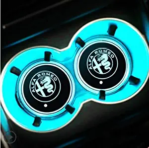 2pcs LED Luminous Coasters Car Cup Holder Lights 7 Colors Car Luminous Water Coaster Changing USB Charging Mat Luminescent Cup Pad Interior Atmosphere Lamp (for Alfa romeo logo)