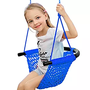 Kids Swing Seat with Adjustable Ropes, Hand-kitting Rope Swing Seat Great for Tree, Indoor, Playground, Background (Blue)