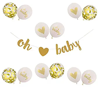 Baby Shower Decorations Neutral Decor Strung Banner (OH BABY) & 12PC Balloons w/ Ribbon [Gold, Confetti, White] Kit Set | Hang on Wall | Glitter Unisex Pregnancy Announcement Gender Reveal Party