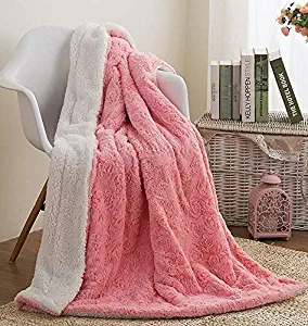 Faux Fur Pink Throw Blanket - DaDa Bedding Luxury Rose Buds Blushing Lavish Soft Warm Cozy Plush Reversible Sherpa - Bright Vibrant Embossed Textured Rosey Baby Pink & White - 90" x 90"