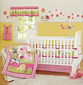 9-Piece Crib Bedding Woodland Theme Sets Cotton Tiger King Zebra Giraffe and Monkey Zoo Hypoallergenic Crib Nursery Bedding Set with Bumper for Baby Boys and Girls Pink