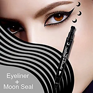 MIOBLET 1PC Super Double-headed Black Liquid Eyeliner Pencil Pen Waterproof Star Heart Moon Flower Shape Seal Stamp Tattoo Eyes Liner Makeup (Moon Seal)
