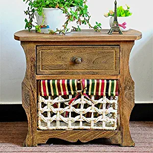 Jerry & Maggie - Nightstand Classic Countryside Dark Brown Wood - Night Stand Storage Bedside Table with 1 Vine Weaved Basket & 1 Drawer Real Natural Indus Wood Texture