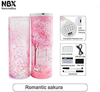 Newmebox Password Pencil Case Cartoon Pattern Pen Holder Large Capacity Stationery Box Coded Lock Home Office School Storage Bag- Desk Organizers Accessories- Small Storage Container-Quicksand Sakura