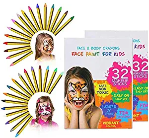 ThinkMax 64 pcs Face Paint Crayons for Kids, 32 Colors Face Painting Kit, Safe & Non-Toxic Face Body Crayons, Great for Halloween, Birthday, School Party