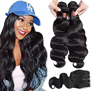 ANGIE QUEEN Brazilian Body Wave Hair With Closure Unprocessed Virgin Human Hair 4 Bundles Weaves With Lace Closure Three Part Hair Extensions Natural Black Color(14 16 18 20+12 Closure)