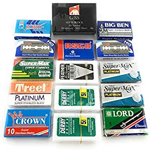 GBS Double Edge Razor Blade Sampler - 100 Blades - Includes: Feather Treet Lord Astra Asco BigBen 7 O'clock Super-max - Includes GBS Alum Block !