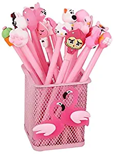 Chris.W 20Pcs Cute Cartoon Gel Pens Pink Writing Pens with Mesh Pencil Holder Cup Set for Girls, Bonus Extra 20 Pen Refills Inks -0.5mm Extra Fine Tip, Black Ink, Pink(No Repeat)