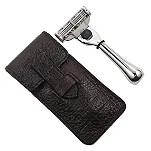 Parker Safety Razor's Chrome Handle Travel Razor (Accepts Mach 3 and Gillette3 Blades) - Genuine Leather Case Included