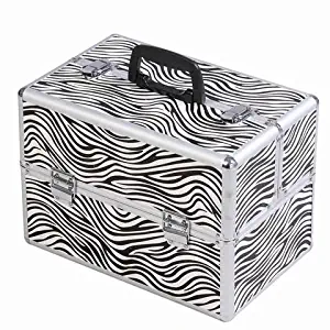 14’’ Aluminum Makeup Train Case, Large 6 Tray Professional Cosmetic Makeup Box Carrier With Lock & Key, Adjustable Dividers, Zebra