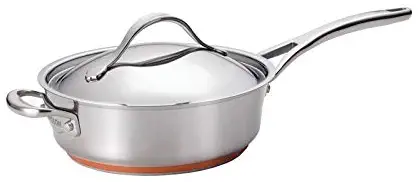 Anolon 75853 Novelle Copper Stainless Steel Saute Pan / Frying Pan / Fry Pan with Lid and Helper Handle - 3 Quart, Silver